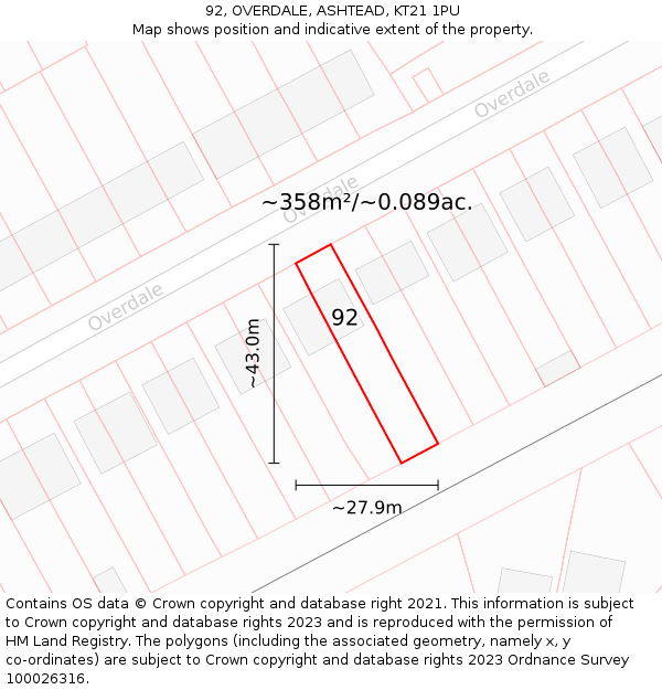 92, OVERDALE, ASHTEAD, KT21 1PU: Plot and title map