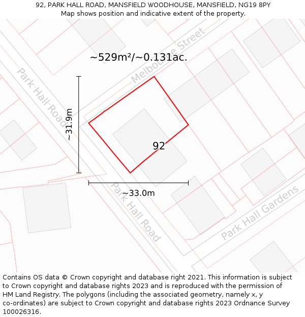 92, PARK HALL ROAD, MANSFIELD WOODHOUSE, MANSFIELD, NG19 8PY: Plot and title map