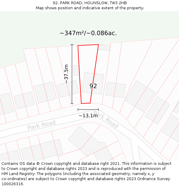 92, PARK ROAD, HOUNSLOW, TW3 2HB: Plot and title map