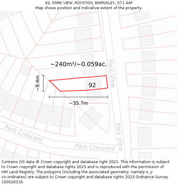 92, PARK VIEW, ROYSTON, BARNSLEY, S71 4AF: Plot and title map