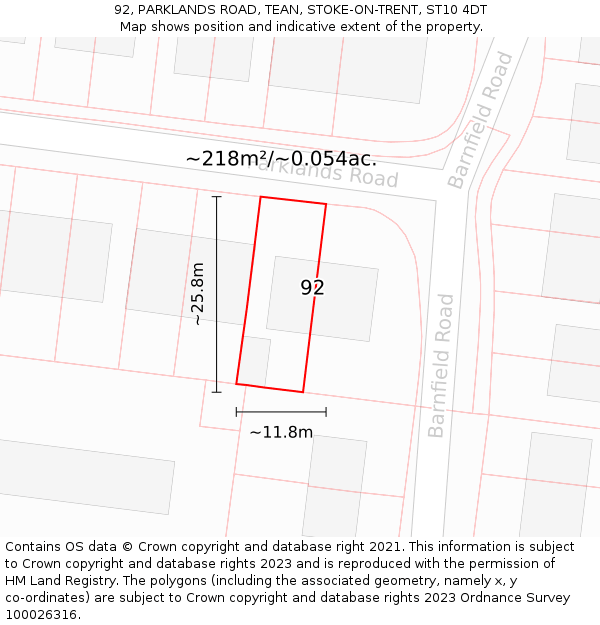 92, PARKLANDS ROAD, TEAN, STOKE-ON-TRENT, ST10 4DT: Plot and title map