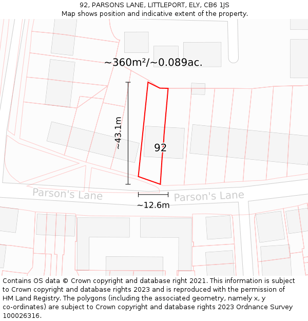 92, PARSONS LANE, LITTLEPORT, ELY, CB6 1JS: Plot and title map