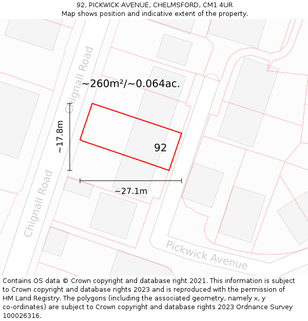 92, PICKWICK AVENUE, CHELMSFORD, CM1 4UR: Plot and title map