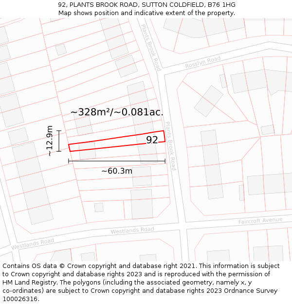 92, PLANTS BROOK ROAD, SUTTON COLDFIELD, B76 1HG: Plot and title map