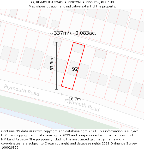 92, PLYMOUTH ROAD, PLYMPTON, PLYMOUTH, PL7 4NB: Plot and title map