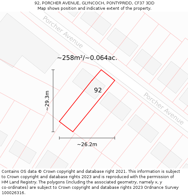 92, PORCHER AVENUE, GLYNCOCH, PONTYPRIDD, CF37 3DD: Plot and title map