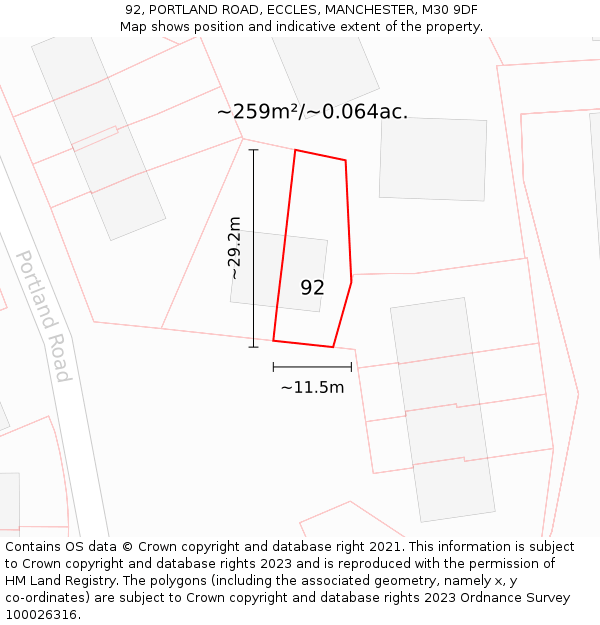 92, PORTLAND ROAD, ECCLES, MANCHESTER, M30 9DF: Plot and title map