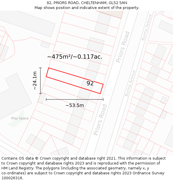 92, PRIORS ROAD, CHELTENHAM, GL52 5AN: Plot and title map