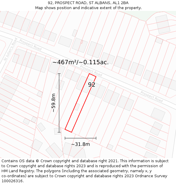 92, PROSPECT ROAD, ST ALBANS, AL1 2BA: Plot and title map