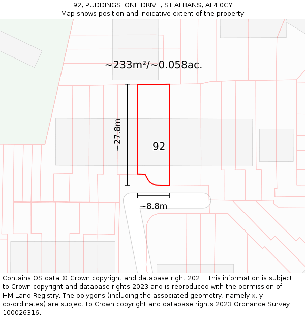 92, PUDDINGSTONE DRIVE, ST ALBANS, AL4 0GY: Plot and title map