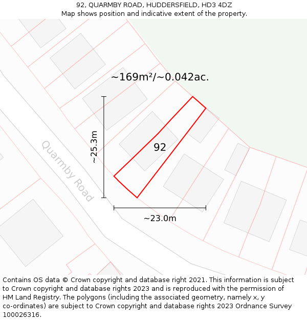 92, QUARMBY ROAD, HUDDERSFIELD, HD3 4DZ: Plot and title map