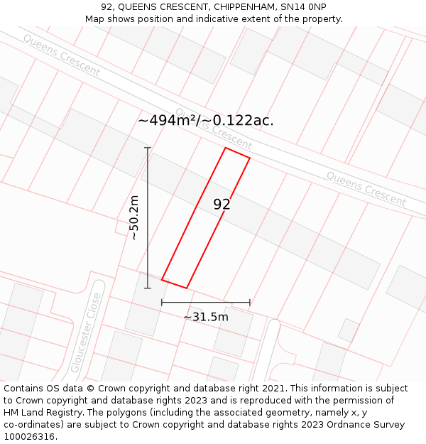 92, QUEENS CRESCENT, CHIPPENHAM, SN14 0NP: Plot and title map