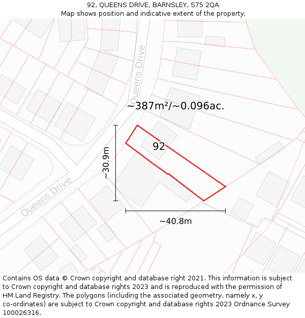 92, QUEENS DRIVE, BARNSLEY, S75 2QA: Plot and title map