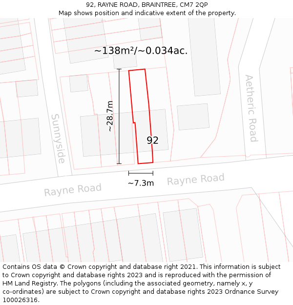 92, RAYNE ROAD, BRAINTREE, CM7 2QP: Plot and title map