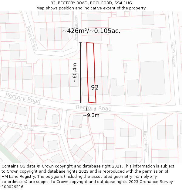 92, RECTORY ROAD, ROCHFORD, SS4 1UG: Plot and title map