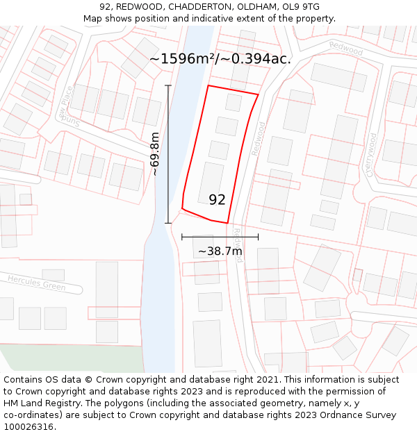 92, REDWOOD, CHADDERTON, OLDHAM, OL9 9TG: Plot and title map