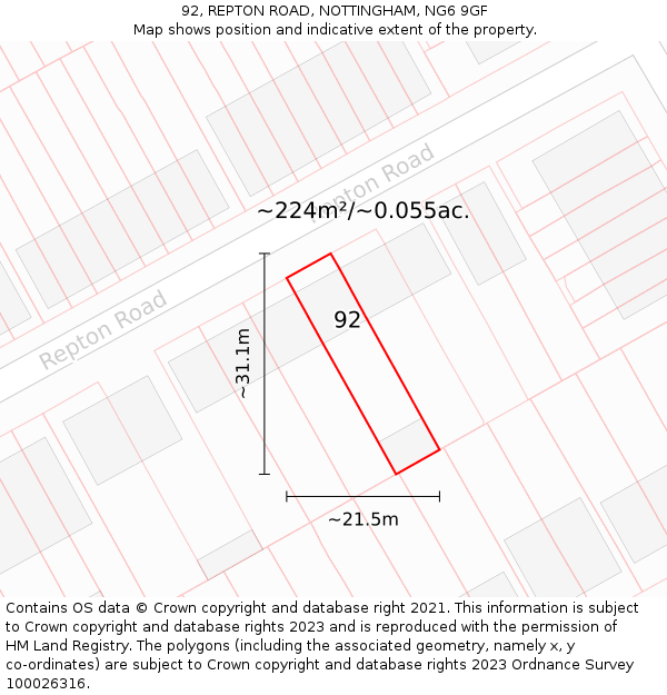 92, REPTON ROAD, NOTTINGHAM, NG6 9GF: Plot and title map