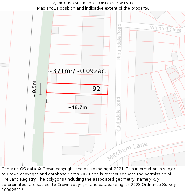 92, RIGGINDALE ROAD, LONDON, SW16 1QJ: Plot and title map