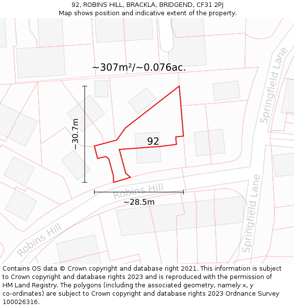 92, ROBINS HILL, BRACKLA, BRIDGEND, CF31 2PJ: Plot and title map