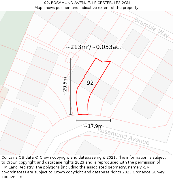 92, ROSAMUND AVENUE, LEICESTER, LE3 2GN: Plot and title map