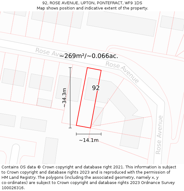 92, ROSE AVENUE, UPTON, PONTEFRACT, WF9 1DS: Plot and title map
