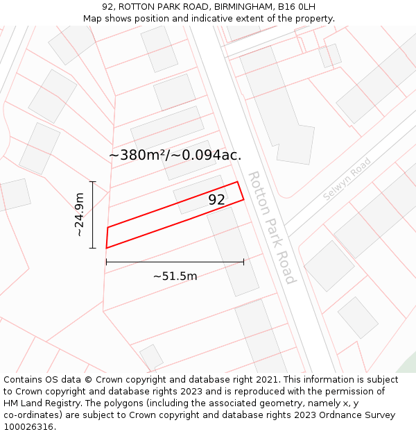 92, ROTTON PARK ROAD, BIRMINGHAM, B16 0LH: Plot and title map