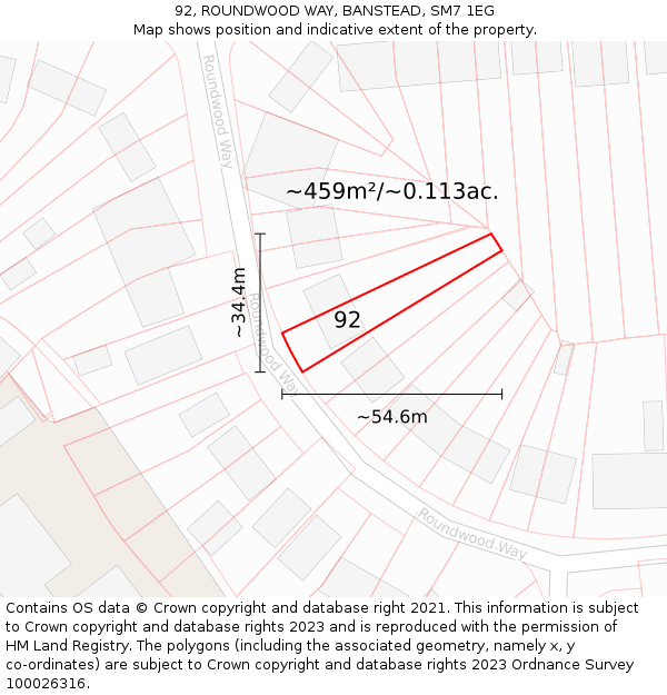 92, ROUNDWOOD WAY, BANSTEAD, SM7 1EG: Plot and title map