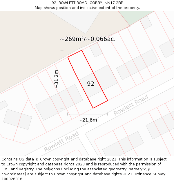 92, ROWLETT ROAD, CORBY, NN17 2BP: Plot and title map
