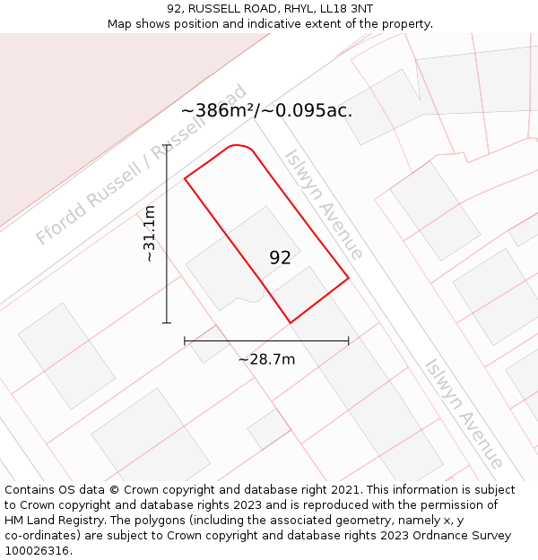 92, RUSSELL ROAD, RHYL, LL18 3NT: Plot and title map