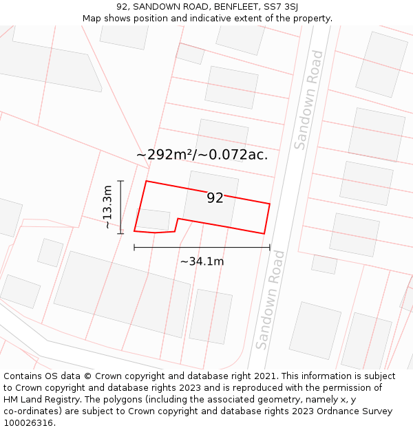 92, SANDOWN ROAD, BENFLEET, SS7 3SJ: Plot and title map