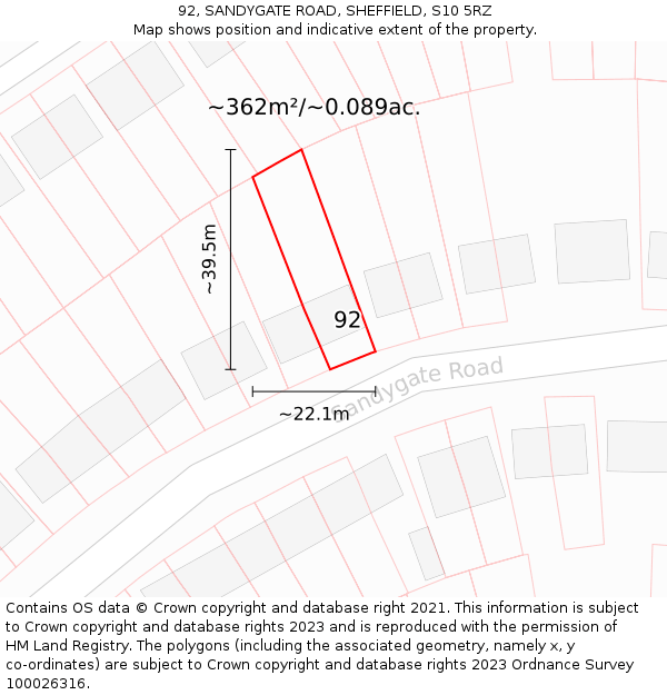 92, SANDYGATE ROAD, SHEFFIELD, S10 5RZ: Plot and title map
