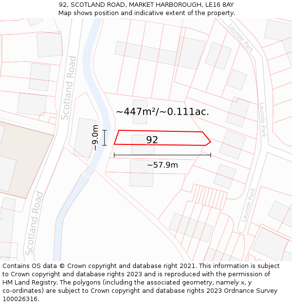 92, SCOTLAND ROAD, MARKET HARBOROUGH, LE16 8AY: Plot and title map