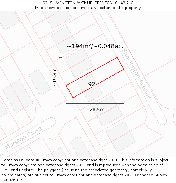 92, SHAVINGTON AVENUE, PRENTON, CH43 2LQ: Plot and title map