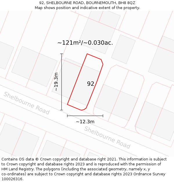 92, SHELBOURNE ROAD, BOURNEMOUTH, BH8 8QZ: Plot and title map