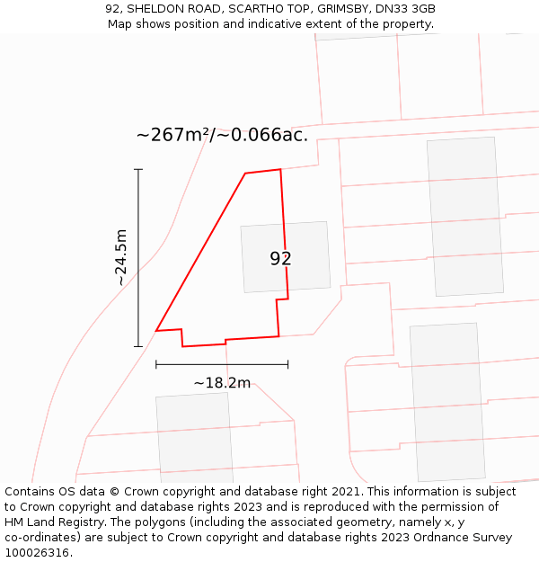 92, SHELDON ROAD, SCARTHO TOP, GRIMSBY, DN33 3GB: Plot and title map