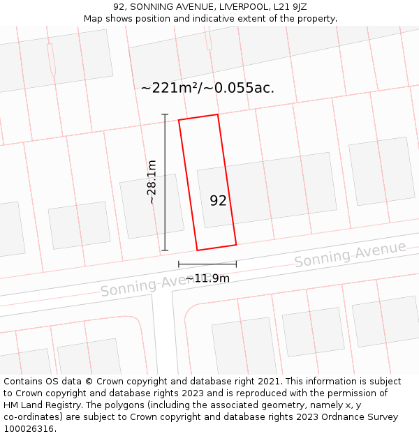 92, SONNING AVENUE, LIVERPOOL, L21 9JZ: Plot and title map