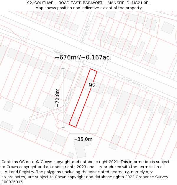 92, SOUTHWELL ROAD EAST, RAINWORTH, MANSFIELD, NG21 0EL: Plot and title map