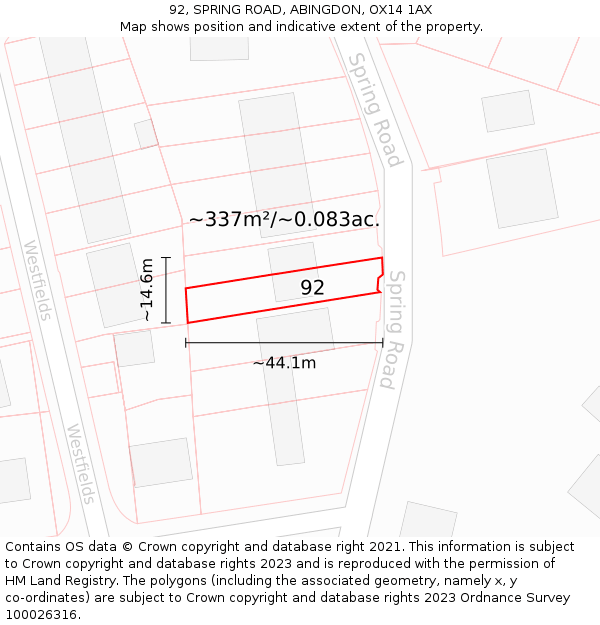 92, SPRING ROAD, ABINGDON, OX14 1AX: Plot and title map