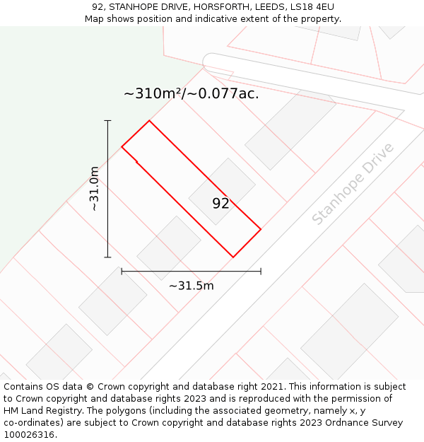 92, STANHOPE DRIVE, HORSFORTH, LEEDS, LS18 4EU: Plot and title map