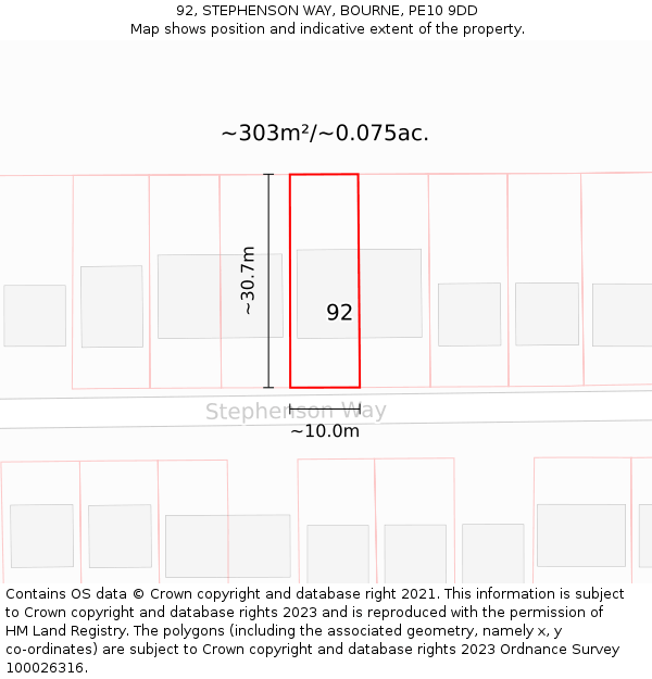 92, STEPHENSON WAY, BOURNE, PE10 9DD: Plot and title map