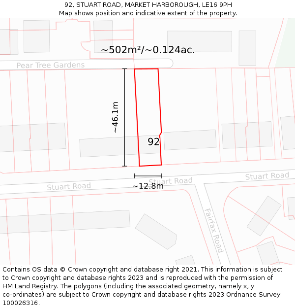 92, STUART ROAD, MARKET HARBOROUGH, LE16 9PH: Plot and title map