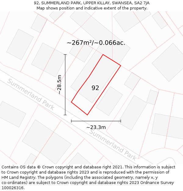 92, SUMMERLAND PARK, UPPER KILLAY, SWANSEA, SA2 7JA: Plot and title map