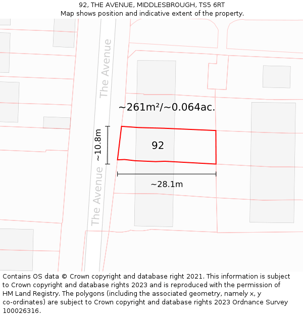 92, THE AVENUE, MIDDLESBROUGH, TS5 6RT: Plot and title map