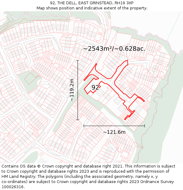 92, THE DELL, EAST GRINSTEAD, RH19 3XP: Plot and title map