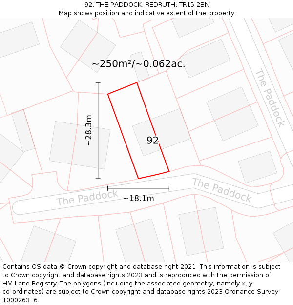 92, THE PADDOCK, REDRUTH, TR15 2BN: Plot and title map
