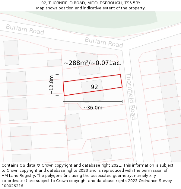 92, THORNFIELD ROAD, MIDDLESBROUGH, TS5 5BY: Plot and title map
