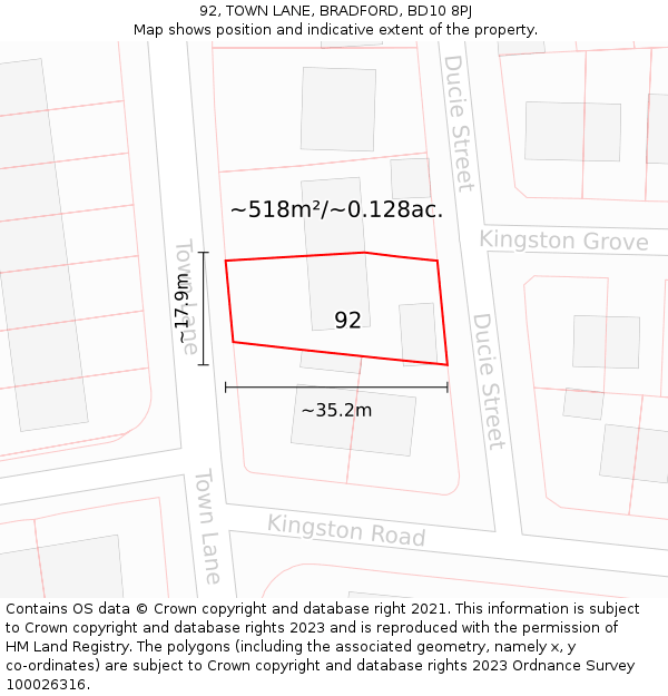 92, TOWN LANE, BRADFORD, BD10 8PJ: Plot and title map
