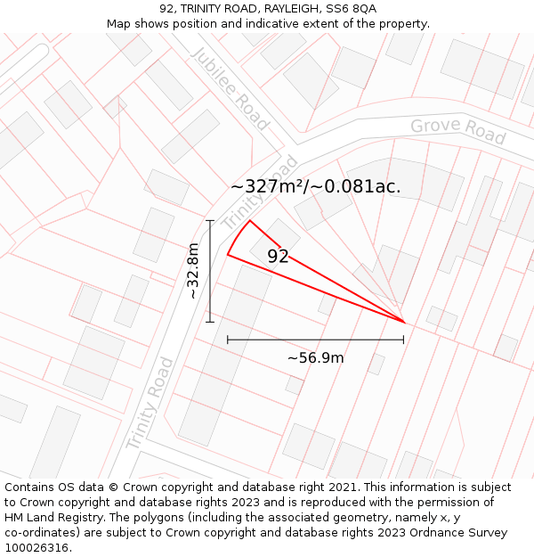 92, TRINITY ROAD, RAYLEIGH, SS6 8QA: Plot and title map
