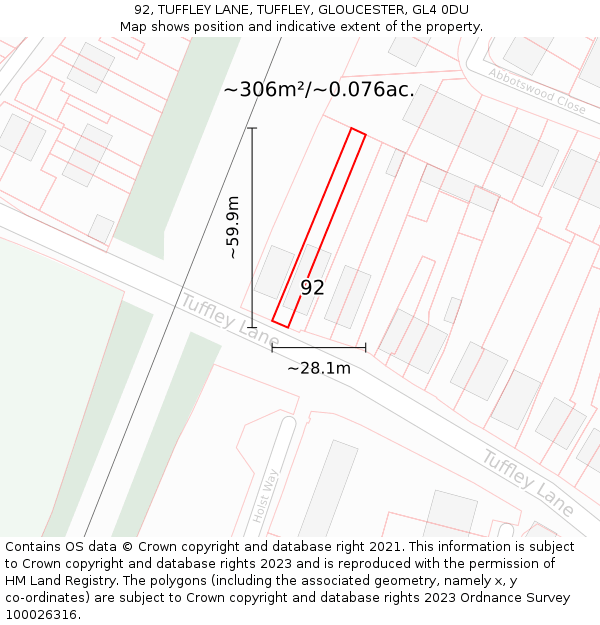 92, TUFFLEY LANE, TUFFLEY, GLOUCESTER, GL4 0DU: Plot and title map