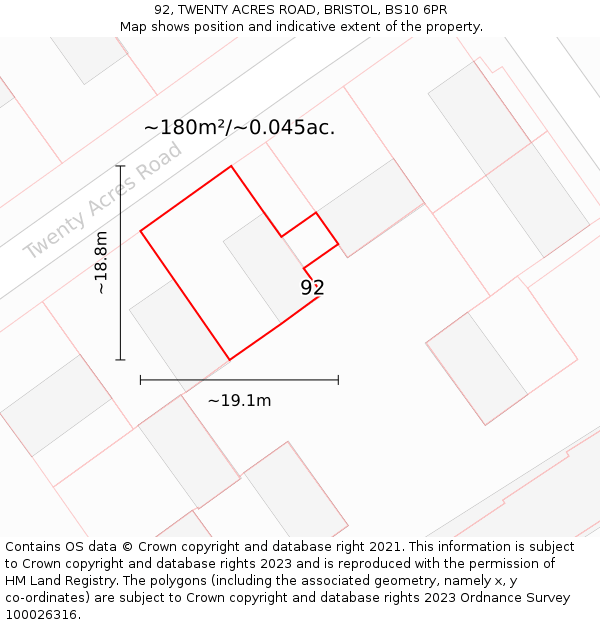 92, TWENTY ACRES ROAD, BRISTOL, BS10 6PR: Plot and title map